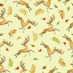 Obraz premium Noble deer. Falling colored leaves. Seamless pattern. Autumn leaves and deers on a light background. Design for background, textiles and packaging materials.