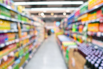 Motion Blur in Supermarket Interior Storage Shelf, Consumer Products Goods on Shelves Inside Shopping Mall. Abstract Defocused Blurred in Department Store.