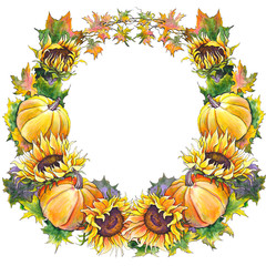 Colorful autumn wreath with pumpkins, sunflowers, leaves and branches. Watercolor on white background.