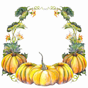 Autumn wreath with pumpkins, leaves and flowers. Watercolor painting. 