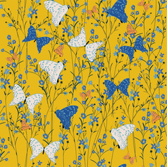 Seamless Pattern wild flowers,butterflies,  Isolated on yellow color. Botanical Floral Decoration Texture. Vintage Style Design for Fabric Print,