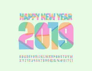 Vector Happy new Year 2019 Greeting Card for Children. Funny Alphabet Letters, Numbers, Symbols.