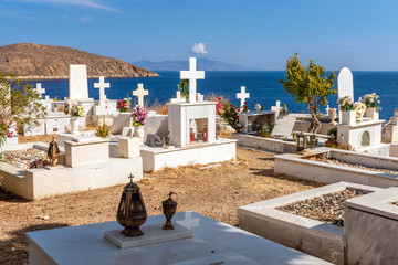 Greek cemetery with a view of the sea on the island of Serifos. Greece