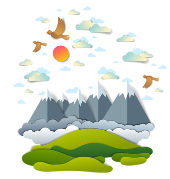 High mountain peaks range scenic landscape of summer with clouds birds and sun in the sky, paper cut style childish illustration, holidays, travel and tourism theme.