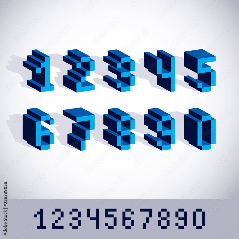 Poster vector modern tech whole numbers set. geometric pixilated digits, 3d dotted 8 bit numeration from 0 