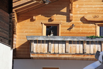Bernese Mountain Dog relaxing on a balcony of a mountain lodge
