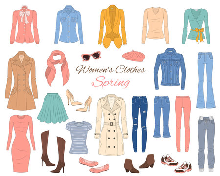 Women clothes collection. Spring outfit. Vector illustration.