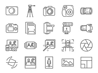Photo and camera line icon set. Included icons as image, picture, gallery, album, polaroid and more.