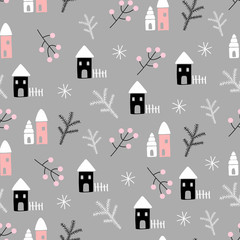 seamless pattern of houses for winter holidays
