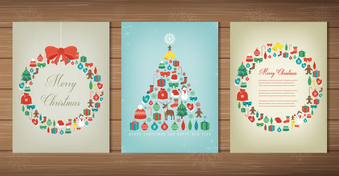 Merry christmas set. Greeting card collections with Christmas elements. Vector