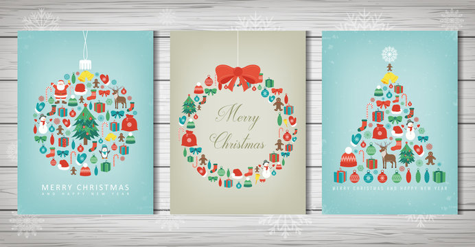 Merry christmas set. Greeting card collections with Christmas elements. Vector