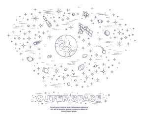 Fantastic undiscovered galaxy with unknown planets, science fiction, with stars and other elements. Explore universe, breathtaking space science. Thin line 3d vector illustration.