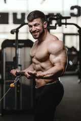 Brutal strong bodybuilder athletic men pumping up muscles with dumbbells