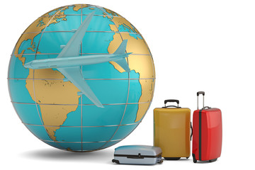 Travel concept suitcase and globe isolated on white background 3D illustration.