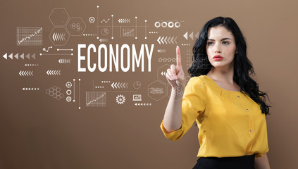 Economy text with business woman on a brown background
