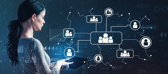 Social connections with business woman using a tablet computer