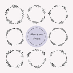 Hand drawn wreath set. Floral round frames, vector design elements for cards, invitations.  