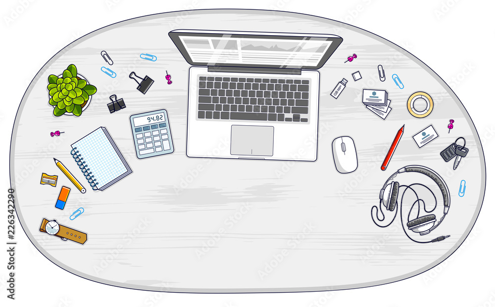 Fototapete office desk workspace top view with laptop computer and diverse stationery objects for work with cop