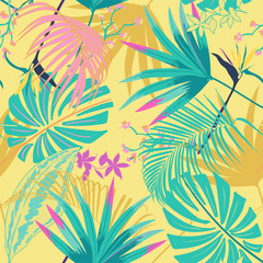 Fototapeta na wymiar vector seamless beautiful artistic summer pastale bright tropical pattern with exotic forest. Colorful cute original stylish floral background print,