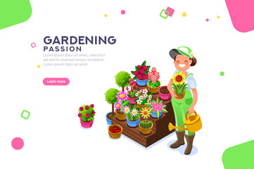 Bud concept, florist with seasonal more market descriptions or text. Bush and bouquet. Editable composition, female template or banner, concept with characters. Flat isometric vector illustration.
