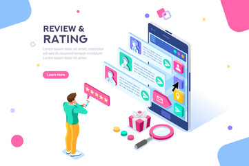 Chat, best community customer review, communication, satisfaction of buying products. Connection, scale for rating concept with icons. Flat isometric vector illustration.