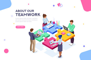 Startup employees. Goal thinking, infographic of puzzle. Cooperation construction by agency group to create a team. Concept for webdesign. White isolated concept with characters flat isometric Vector