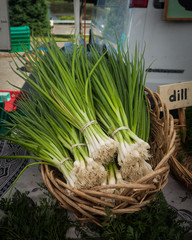 Scallions at the farmers market in a basket
