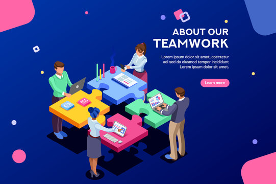 Startup employees. Goal thinking, infographic of puzzle. Cooperation construction by agency group to create a team. Concept for webdesign. White isolated concept with characters flat isometric Vector
