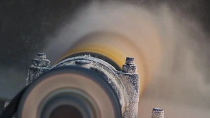 Man Working With Wood in his Workshop. The Dust Flies in the Air. Close-Up. Full HD.