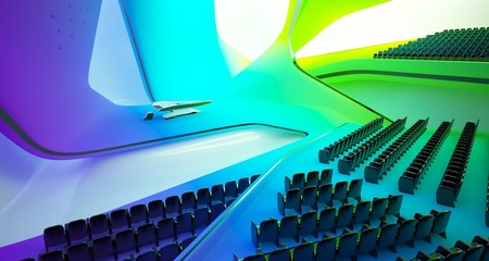 Conceptual abstract design of the interior of the concert hall and grand piano in a modern style. 3D illustration and rendering.