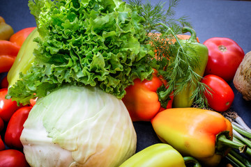 A rich variety of autumn colorful bright and fresh vegetables and roots.