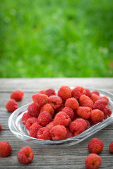  Pink fresh raspberries on an glass vessel on a gray wood background in the garden on the background of green grass Berry Fruit Sadovina Healthy Food hack close up
