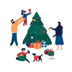 Happy family decorating Christmas tree with toys, star and garland for holiday