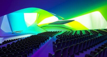 Conceptual abstract design of the interior of the concert hall and grand piano in a modern style. 3D illustration and rendering.