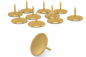 Golden drawing pins isolated on white background 3D illustration.