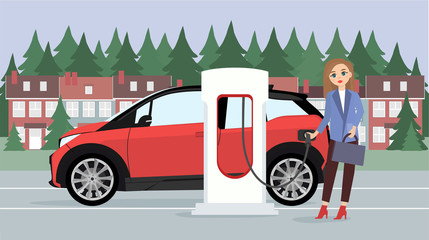 Woman traveler with baggage charges an electric car at a charging station 