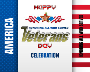 Holiday design, background with 3d texts, military decoration and national flag colors for U.S. Veterans day event, celebration; Vector illustration