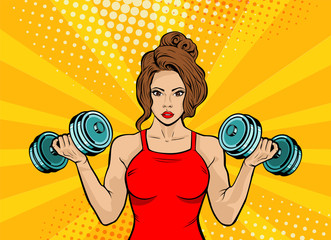 Beautiful woman with dumbbells in gym. Pop art retro vector illustration 