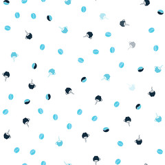 Light BLUE vector seamless pattern with coffee beans, cups.