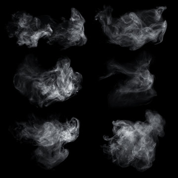 Fog or smoke set isolated on black background. White cloudiness, mist or smog background.