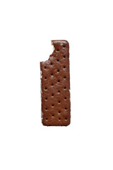 Chocolate and Vanilla ice cream cookie sandwiches with missing bite isolated over a white background.