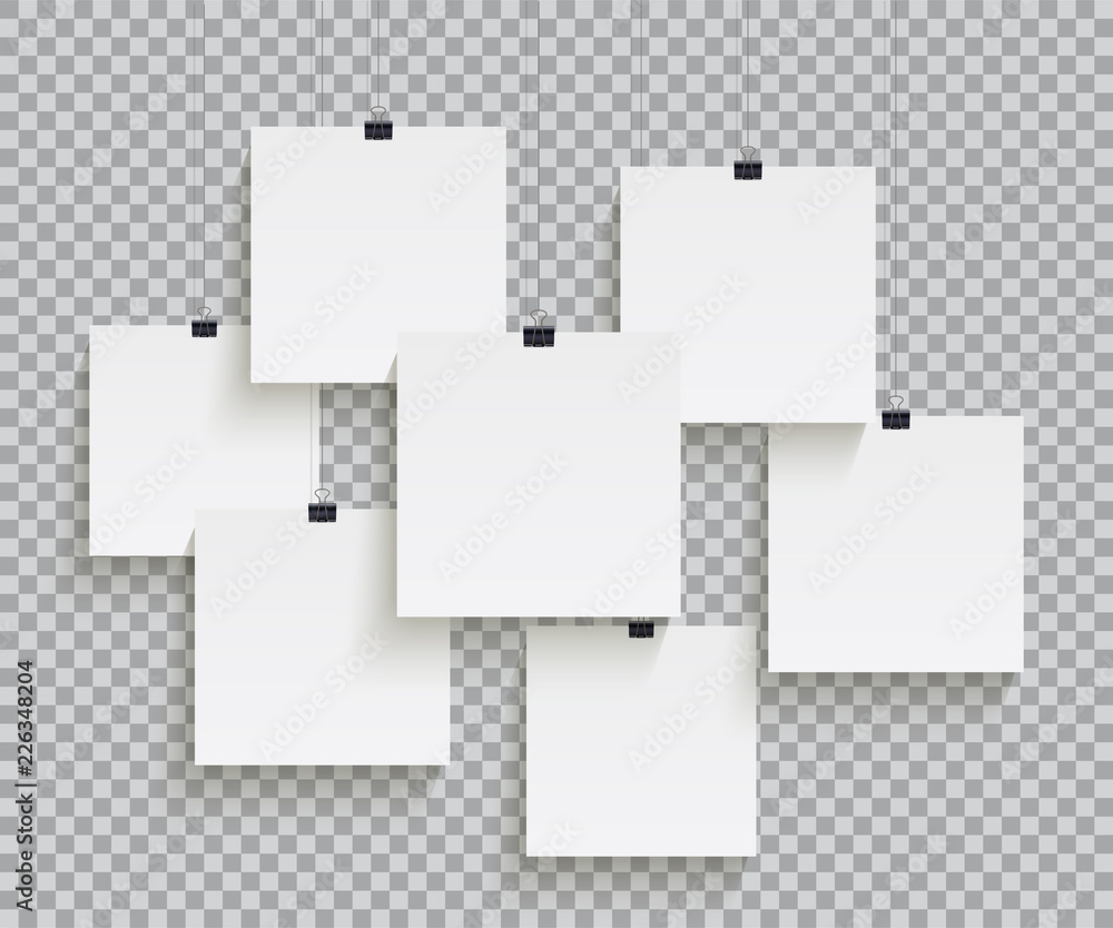 Poster white square paper sheets hanging on paper clips isolated on transparent background. vector design e