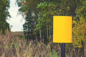 Empty yellow road sign in autumn forest