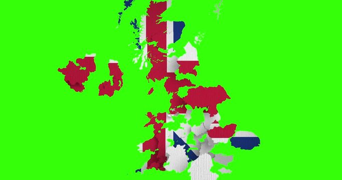 brexit half uk great britain united kingdom flag on great britain map puzzle pieces falling down on chroma key green screen background, vote for united kingdom exit concept, with alpha channel