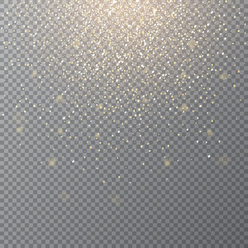 Falling golden snow on transparent background. Vector holiday background.