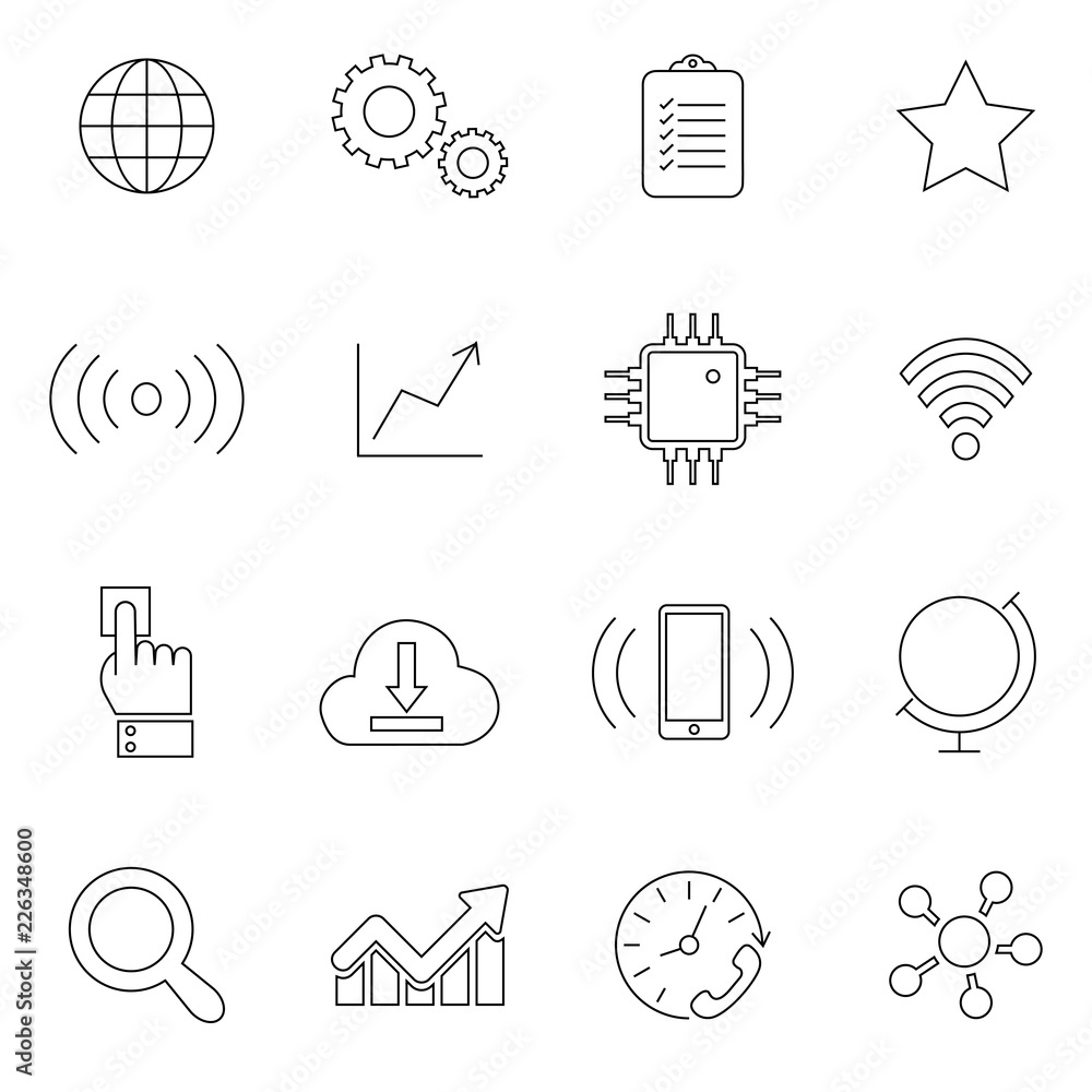 Poster set of data analysis related technology vector line icons. contains such icons as charts, wi-fi, gra