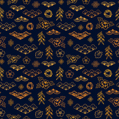 Asian pattern. Kabuki. Japanese doodles. Kabuki theatre elements. Kimono. Asia culture symbols. Oriental ornament. Chinese sketch. Fashion. China. Japan. Singapore. Korea. Vietnam. Fabric design.