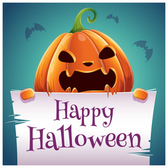 Happy Halloween poster with angry evil pumpkin with parchment on dark blue background. Happy Halloween party.