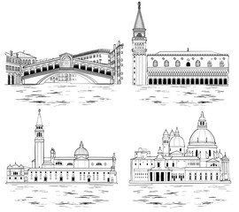Venice landmarks and tourist attractions set. Vector illustration