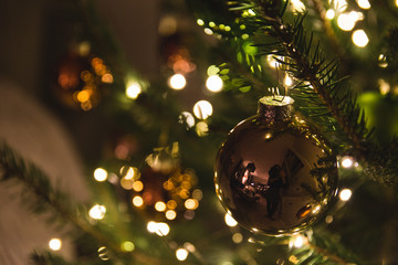 Christmas tree, green and brown christmas tree balls